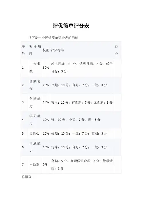 评优简单评分表