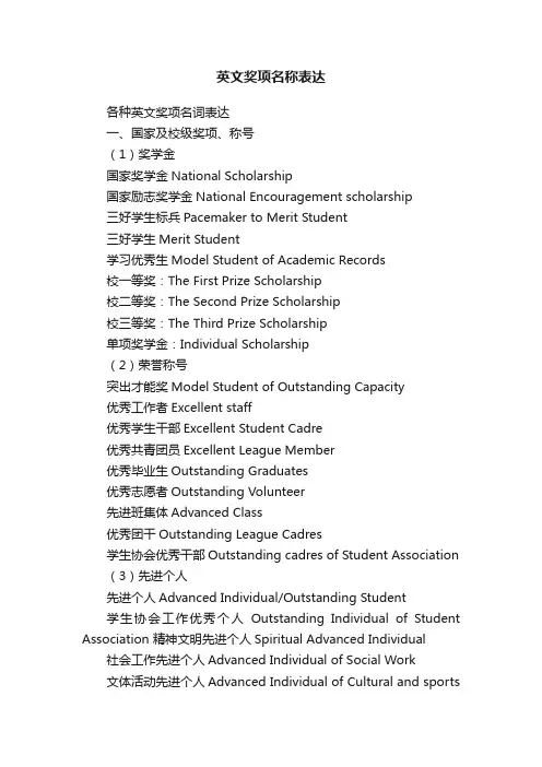 英文奖项名称表达