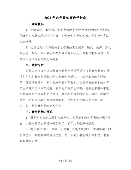 2024年六年级体育教学计划（七篇）