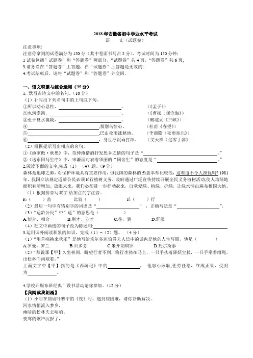 2018年安徽省初中学业水平考试语文试题(含答案)