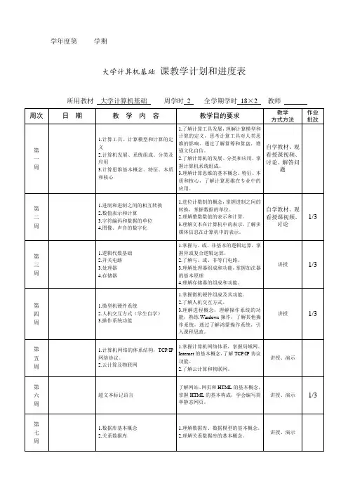 大学计算机基础  理论教学进度表