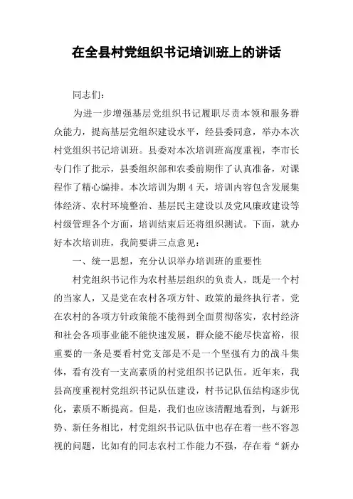 在全县村党组织书记培训班上的讲话
