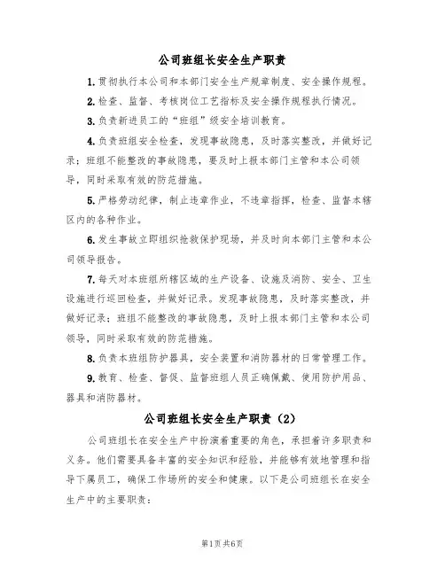 公司班组长安全生产职责（5篇）