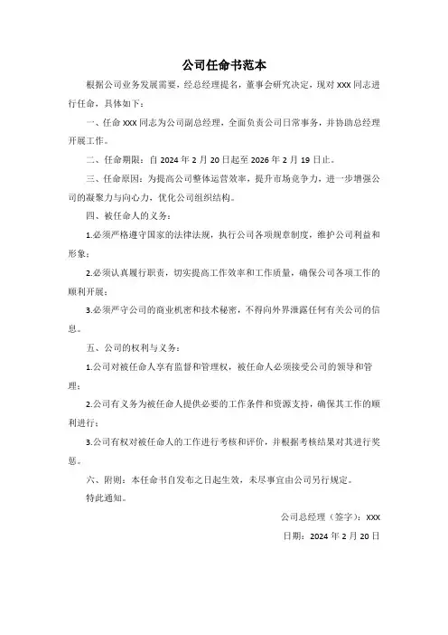 公司任命书范本