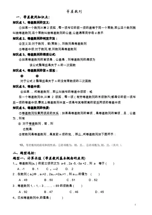 高中数学必修5等差数列知识点总结和题型归纳