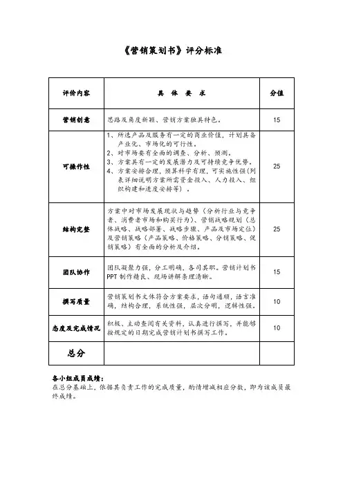 《营销策划书》评分标准