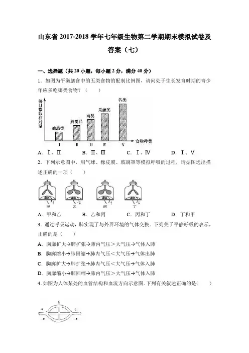 山东省2017-2018学年七年级生物第二学期期末模拟试卷及答案(七)