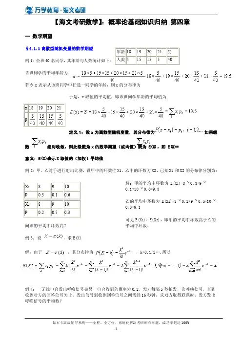 【海文考研数学】：概率论基础知识归纳 第四章