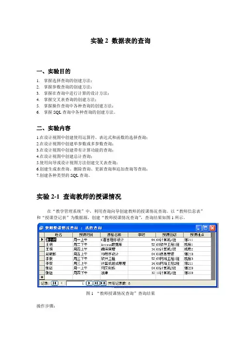 实验2 Access数据表的查询
