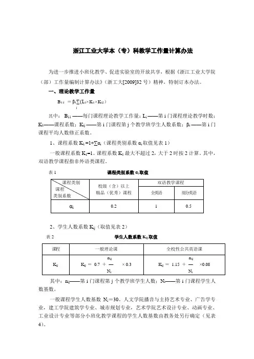 浙江工业大学本专科教学工作量计算办法
