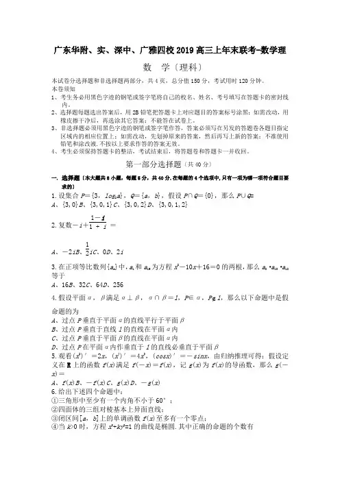 广东华附、实、深中、广雅四校2019高三上年末联考-数学理
