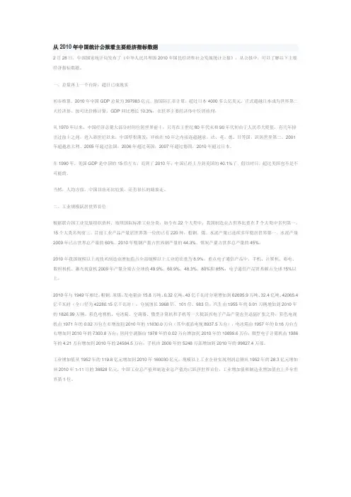 中国2010年主要经济指标