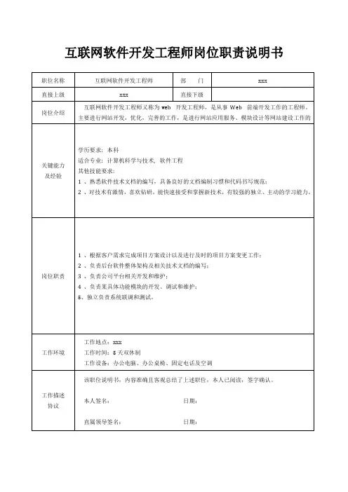 互联网软件开发工程师岗位职责说明书[精美打印版本]