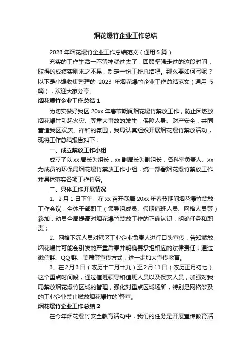 2023年烟花爆竹企业工作总结范文（通用5篇）