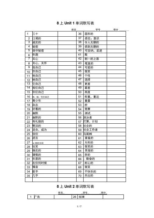 牛津初中英语译林版8A全册单词默写表