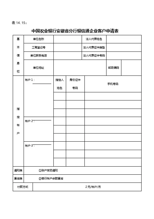 中国农业银行企业银信通申请表