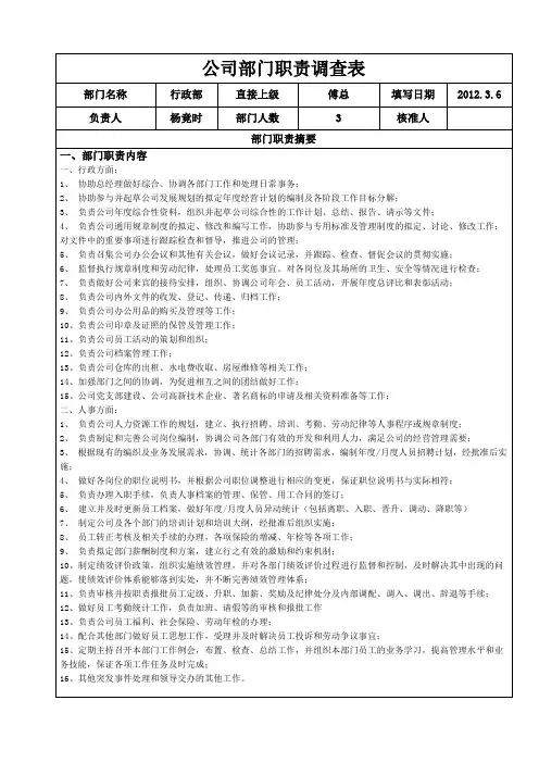 行政人事部门职责调查表