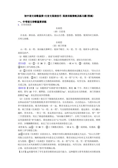 初中语文诗歌鉴赏+文言文阅读技巧 阅读训练策略及练习题(答案)
