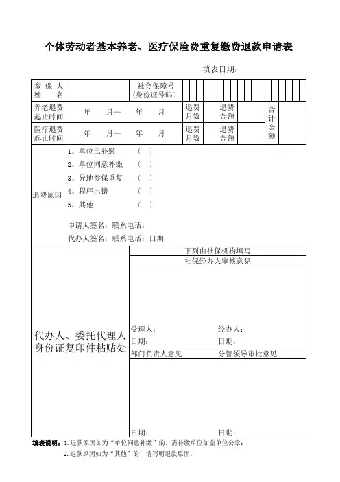 个体劳动者基本养老、医疗保险费重复缴费退款申请表