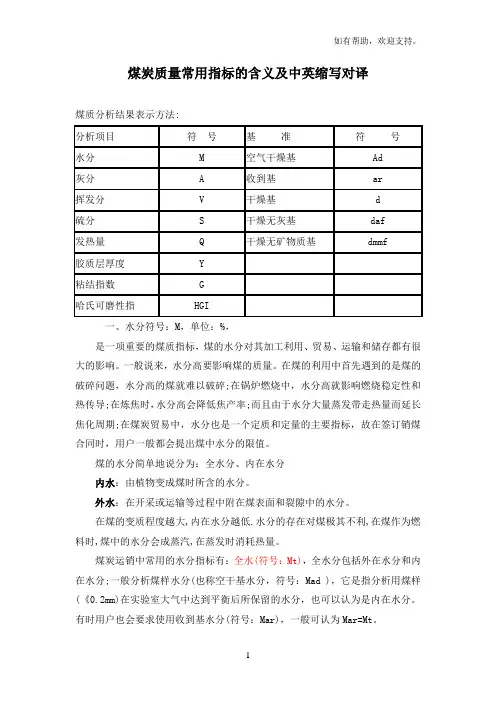 煤炭质量常用指标的含义及中英缩写对译