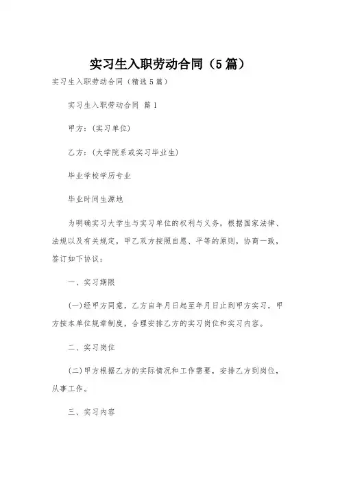 实习生入职劳动合同(5篇)