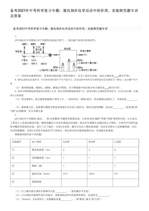 备考2021年中考科学复习专题：催化剂在化学反应中的作用,实验探究题专训及答案