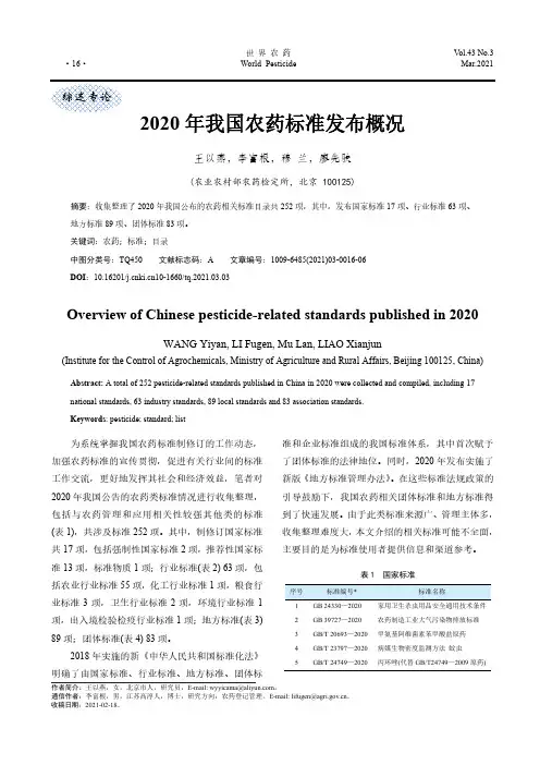 2020年我国农药标准发布概况