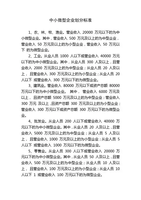 中小微型企业划分标准