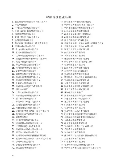 啤酒百强企业名单
