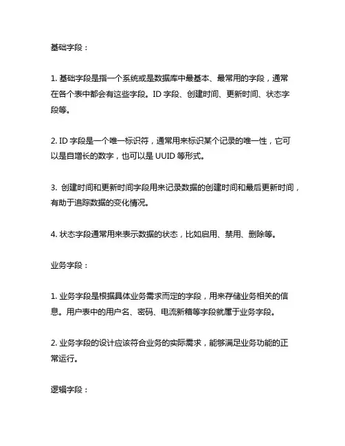 基础字段 业务字段 逻辑字段 冗余字段 特殊字段