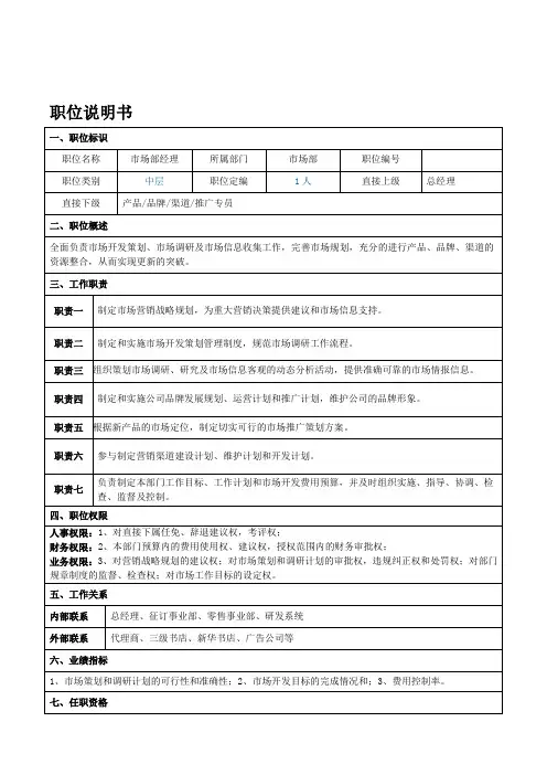 市场部经理岗位职责说明书