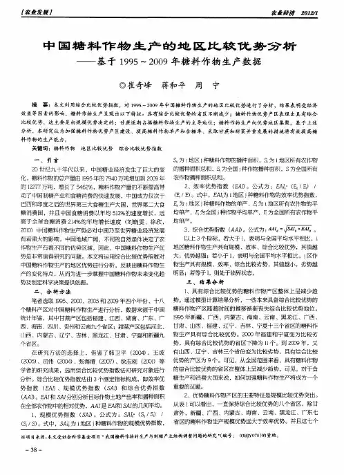 中国糖料作物生产的地区比较优势分析——基于1995～2009年糖料作物生产数据