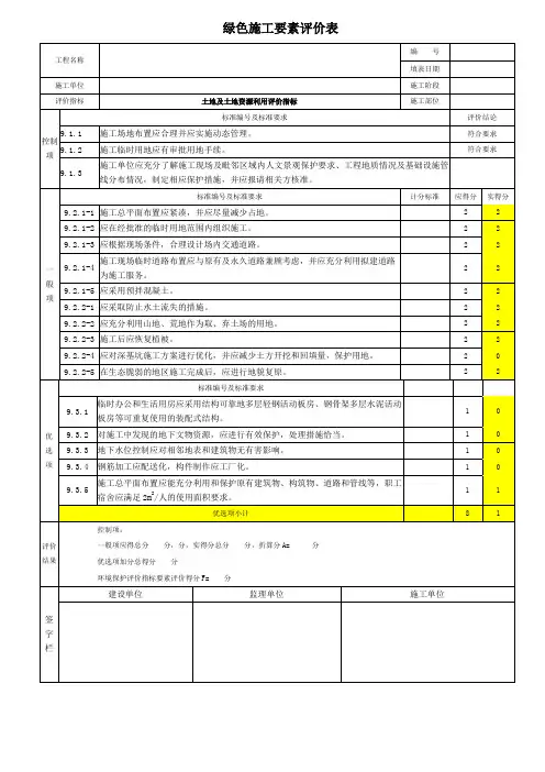 绿色施工要素评价表--节地及土地资源利用评价指标