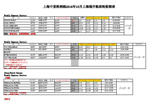 中远海运集装箱运输有限公司上海分部2016年10月上海港开航班轮船期表