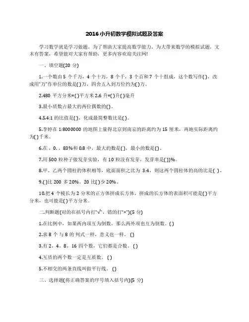 2016小升初数学模拟试题及答案
