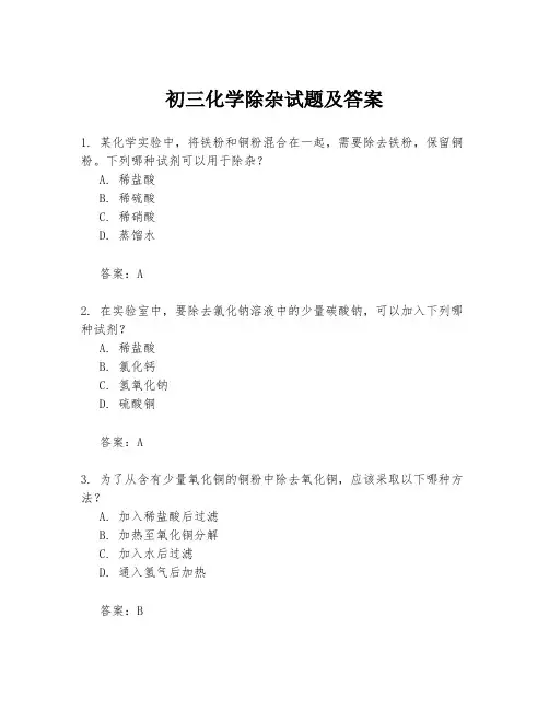 初三化学除杂试题及答案