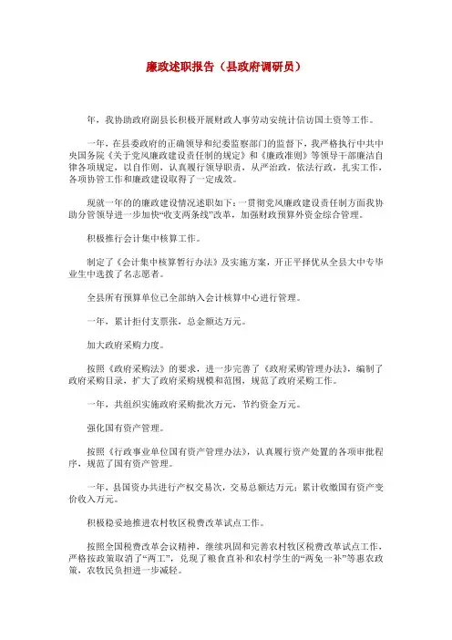 廉政述职报告(县政府调研员)