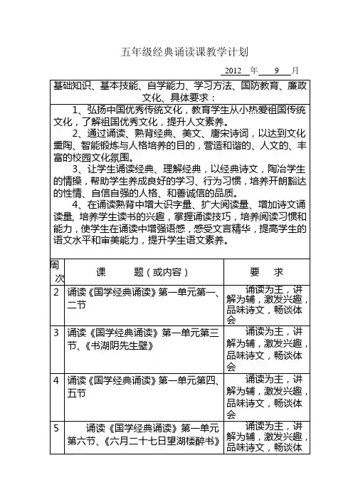 五年级经典诵读教学计划