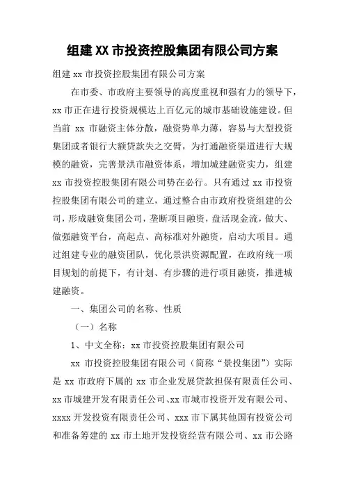 组建XX市投资控股集团有限公司方案