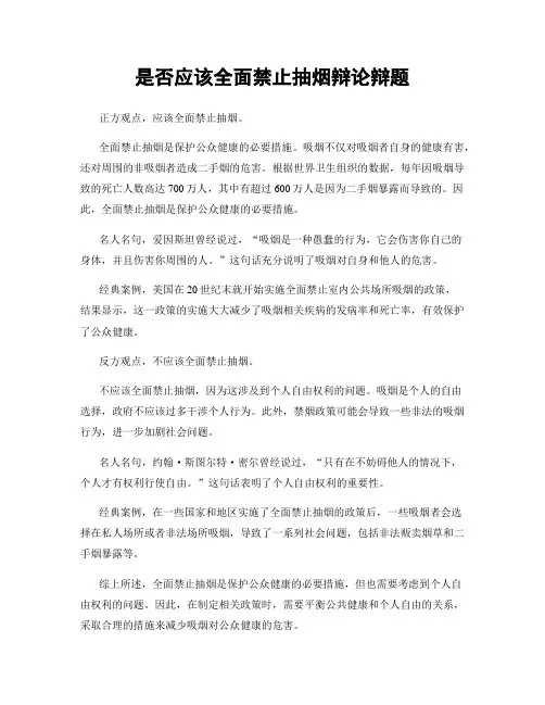 是否应该全面禁止抽烟辩论辩题