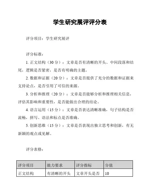学生研究展评评分表