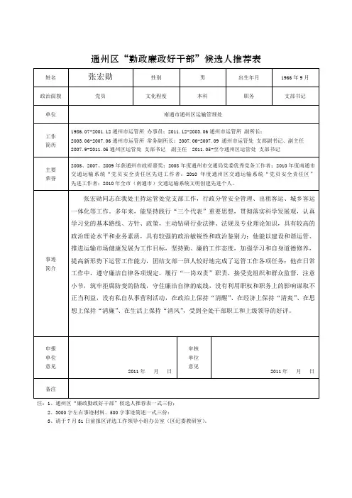 “勤政廉政好干部”候选人推荐表