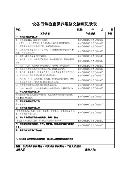设备日常检查保养维修交接班记录表