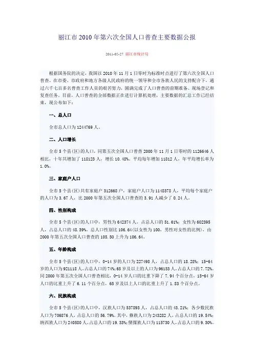 2508-云南省丽江市2010年第六次全国人口普查主要数据公报