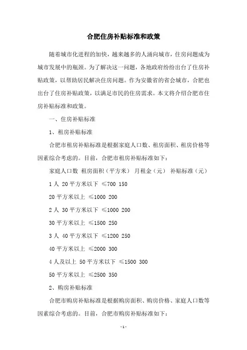 合肥住房补贴标准和政策
