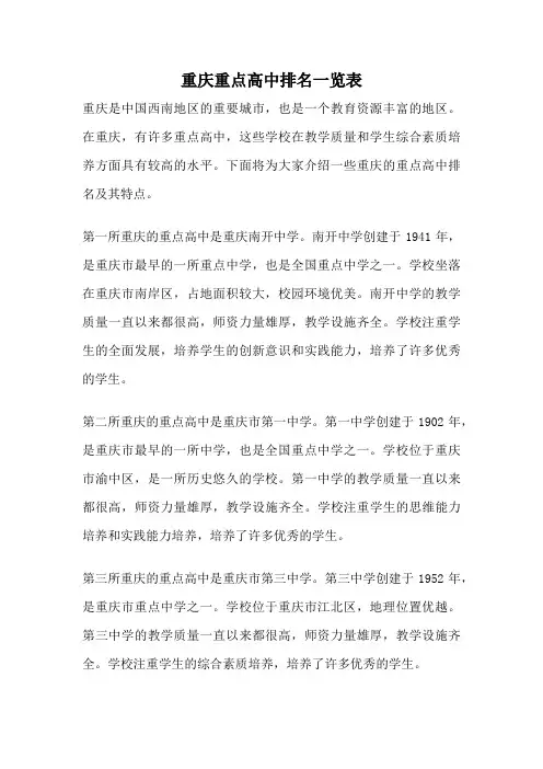 重庆重点高中排名一览表