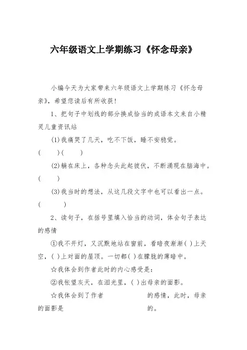 六年级语文上学期练习《怀念母亲》
