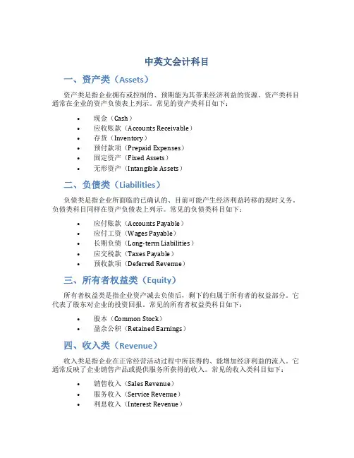 中英文会计科目