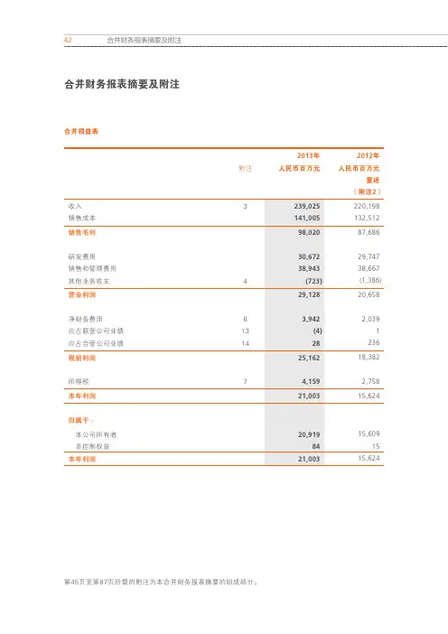 合并财务报表摘要及附注