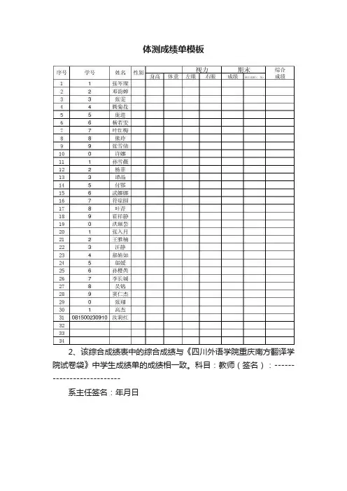 体测成绩单模板